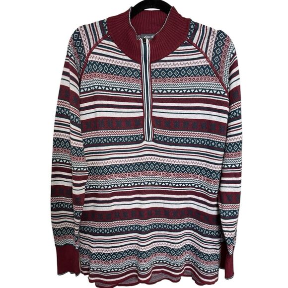 Eddie Bauer Fair Isle Burgundy Blue Striped 1/4 Zip Women’s Sweater Sz 2xL - Picture 1 of 6